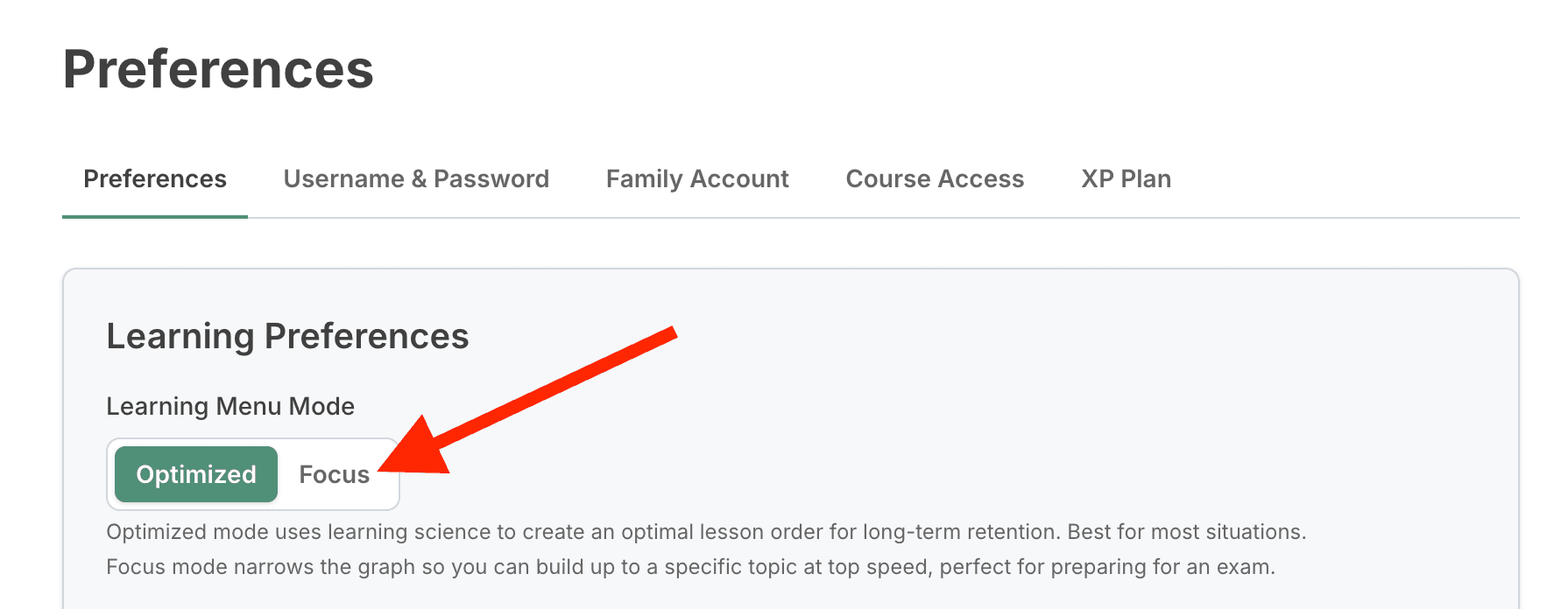 Settings page with Focus Mode checkbox